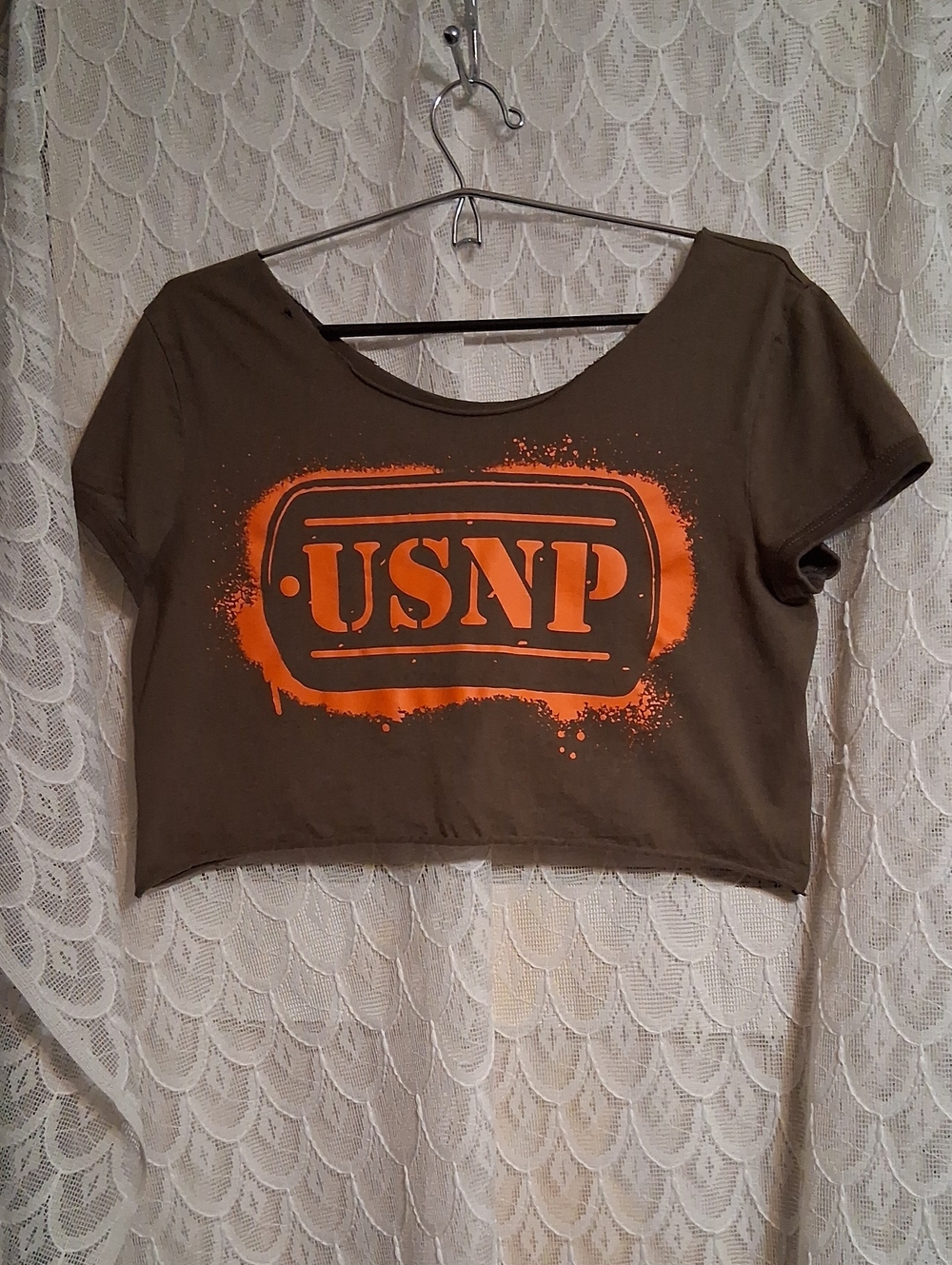 Olive Green Crop Tee with Orange Logo